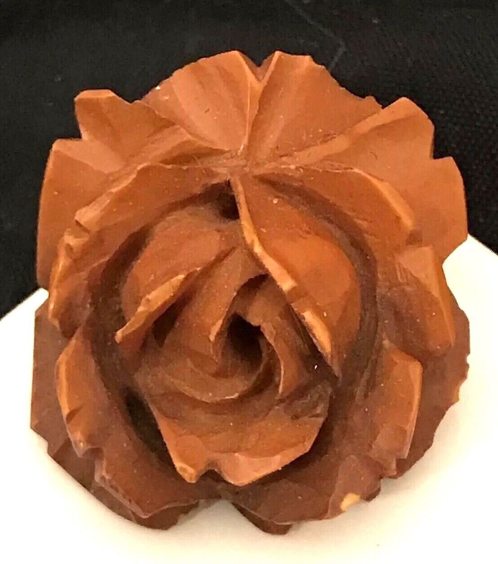 Vintage 1930s Carved Plastic Rose Brooch Coral Color Floral Pin - 6J